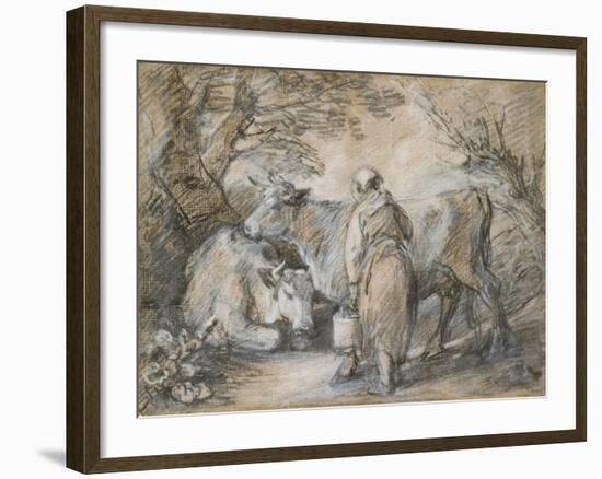 Milkmaid with Two Cows (Black Chalk and Stump Heightened with White-Thomas Gainsborough-Framed Giclee Print