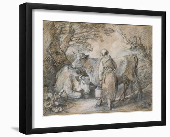 Milkmaid with Two Cows (Black Chalk and Stump Heightened with White-Thomas Gainsborough-Framed Giclee Print