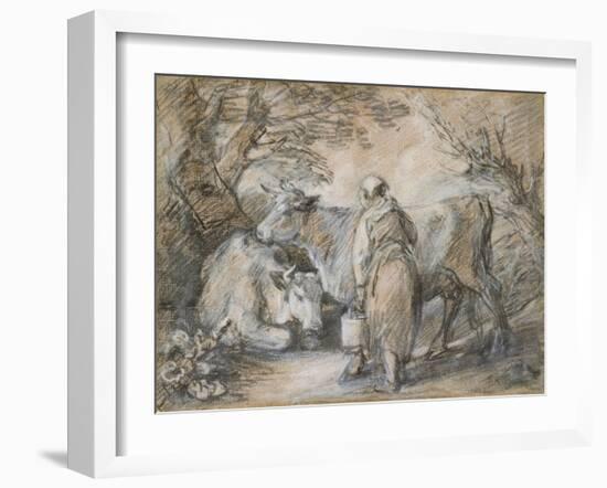 Milkmaid with Two Cows (Black Chalk and Stump Heightened with White-Thomas Gainsborough-Framed Giclee Print