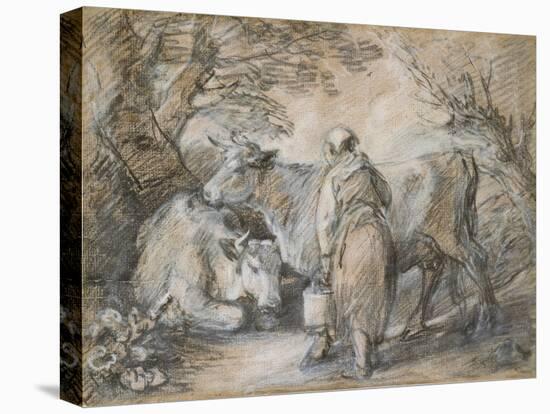 Milkmaid with Two Cows (Black Chalk and Stump Heightened with White-Thomas Gainsborough-Stretched Canvas