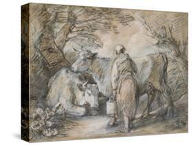 Milkmaid with Two Cows (Black Chalk and Stump Heightened with White-Thomas Gainsborough-Stretched Canvas