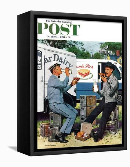"Milkman Meets Pieman" Saturday Evening Post Cover, October 11, 1958-Stevan Dohanos-Framed Stretched Canvas