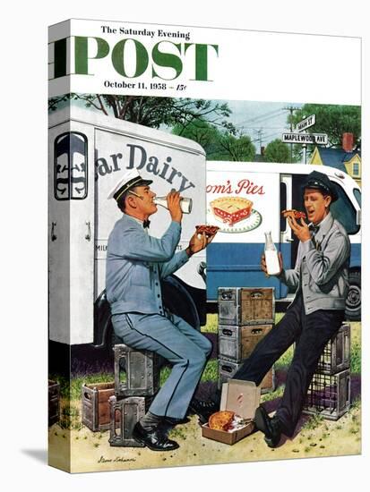 "Milkman Meets Pieman" Saturday Evening Post Cover, October 11, 1958-Stevan Dohanos-Stretched Canvas