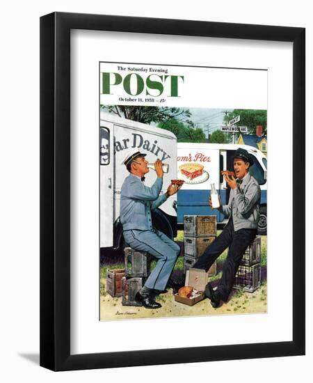 "Milkman Meets Pieman" Saturday Evening Post Cover, October 11, 1958-Stevan Dohanos-Framed Giclee Print