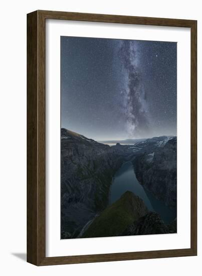 Milky Way in the starry night sky over lake Limmernsee, aerial view, Canton of Glarus, Switzerland-Roberto Moiola-Framed Photographic Print