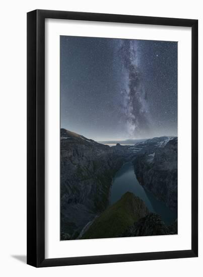 Milky Way in the starry night sky over lake Limmernsee, aerial view, Canton of Glarus, Switzerland-Roberto Moiola-Framed Photographic Print