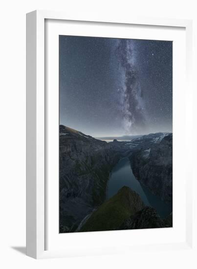 Milky Way in the starry night sky over lake Limmernsee, aerial view, Canton of Glarus, Switzerland-Roberto Moiola-Framed Photographic Print