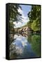 Mill Reflecting in Blautopf Spring, Blaubeuren, Swabian Alb, Baden Wurttemberg, Germany, Europe-Markus Lange-Framed Stretched Canvas