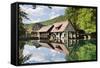 Mill Reflecting in Blautopf Spring, Blaubeuren, Swabian Alb, Baden Wurttemberg, Germany, Europe-Markus Lange-Framed Stretched Canvas