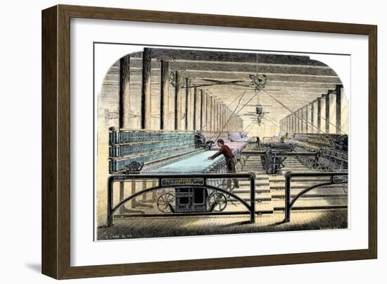 Mill Worker Tending Mule-Spinners, an Industrial Textile Machine, c.1800-null-Framed Giclee Print