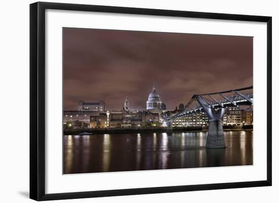 Millenium Bridge, Night Photography, St Paul's Cathedral, the Thames, London, England, Uk-Axel Schmies-Framed Photographic Print