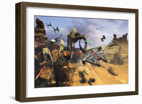 Millenium Falcon Flying Low in the Desert Fighting Off Tie Fighters-Stocktrek Images-Framed Art Print