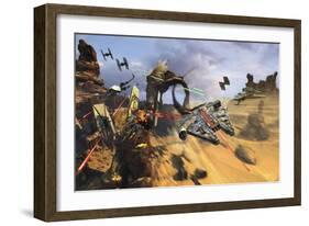 Millenium Falcon Flying Low in the Desert Fighting Off Tie Fighters-Stocktrek Images-Framed Art Print