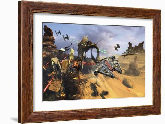 Millenium Falcon Flying Low in the Desert Fighting Off Tie Fighters-Stocktrek Images-Framed Art Print