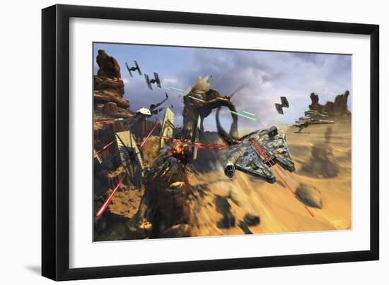 Millenium Falcon Flying Low in the Desert Fighting Off Tie Fighters-Stocktrek Images-Framed Art Print