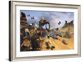 Millenium Falcon Flying Low in the Desert Fighting Off Tie Fighters-Stocktrek Images-Framed Art Print