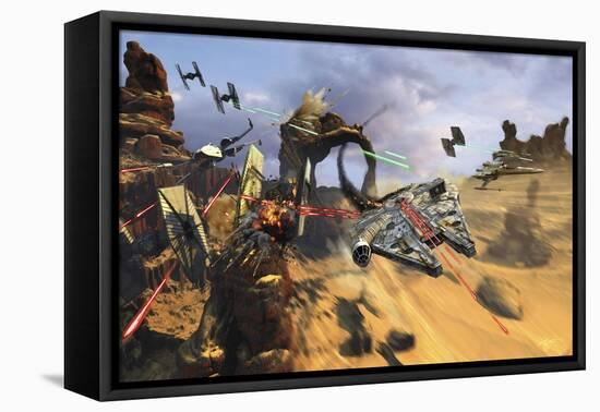 Millenium Falcon Flying Low in the Desert Fighting Off Tie Fighters-Stocktrek Images-Framed Stretched Canvas