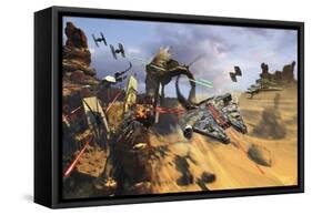 Millenium Falcon Flying Low in the Desert Fighting Off Tie Fighters-Stocktrek Images-Framed Stretched Canvas