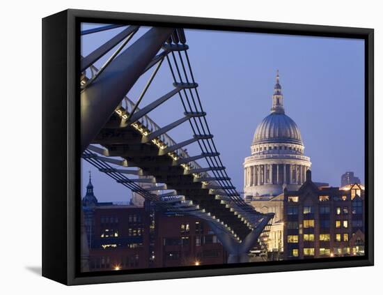 Millennium Bridge and St. Pauls Cathedral, Illuminated at Dusk, London, England, United Kingdom-Gavin Hellier-Framed Stretched Canvas