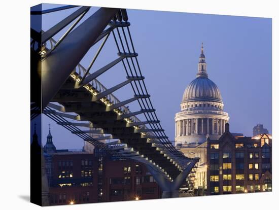 Millennium Bridge and St. Pauls Cathedral, Illuminated at Dusk, London, England, United Kingdom-Gavin Hellier-Stretched Canvas