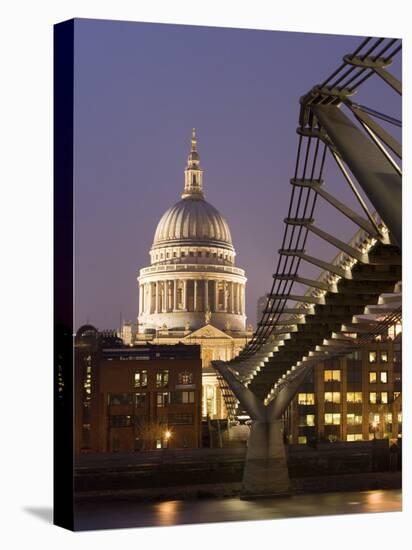 Millennium Bridge and St. Pauls Cathedral, Illuminated at Dusk, London, England, United Kingdom-Gavin Hellier-Stretched Canvas