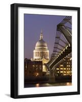 Millennium Bridge and St. Pauls Cathedral, Illuminated at Dusk, London, England, United Kingdom-Gavin Hellier-Framed Photographic Print