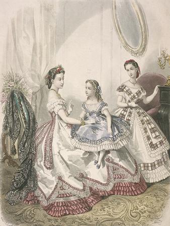 Two Women and a Small Girl Wearing the Latest Indoor Fashions, C1860