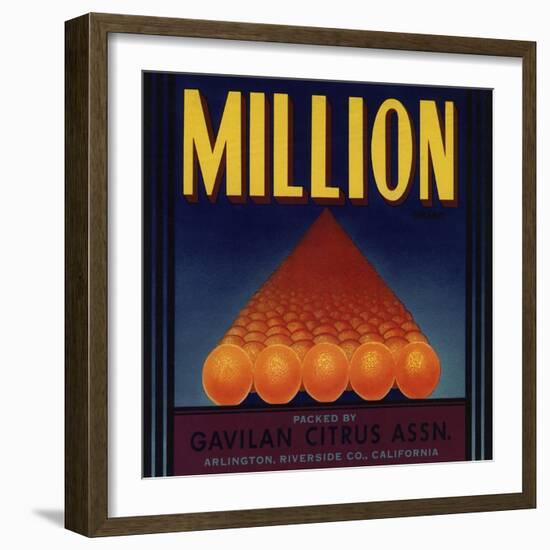 Million Brand - Arlington, California - Citrus Crate Label-Lantern Press-Framed Art Print