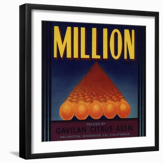 Million Brand - Arlington, California - Citrus Crate Label-Lantern Press-Framed Art Print