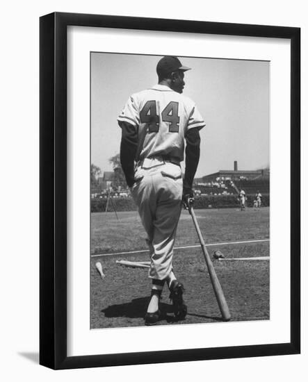 Milwaukee Braves Hank Aaron Leaning on Bat During Baseball Game-George Silk-Framed Premium Photographic Print