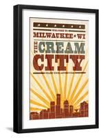 Milwaukee, Wisconsin - Skyline and Sunburst Screenprint Style-Lantern Press-Framed Art Print