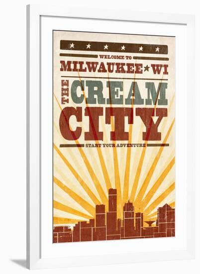 Milwaukee, Wisconsin - Skyline and Sunburst Screenprint Style-Lantern Press-Framed Art Print