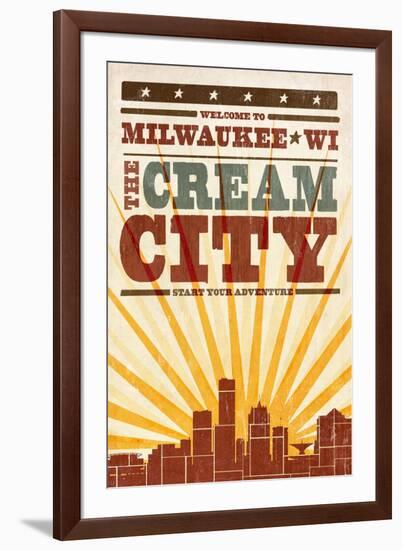 Milwaukee, Wisconsin - Skyline and Sunburst Screenprint Style-Lantern Press-Framed Art Print