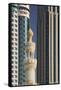 Minaret below Skyscrapers in Dubai-Jon Hicks-Framed Stretched Canvas