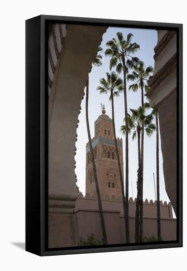 Minaret of Koutoubia Mosque with Palm Trees, UNESCO World Heritage Site, Marrakesh, Morocco-Stephen Studd-Framed Stretched Canvas