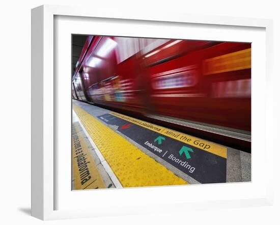 Mind the Gap Sign in a Metro Rio Station.-Jon Hicks-Framed Photographic Print