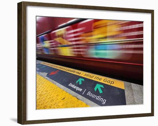 Mind the Gap Sign in a Metro Rio Station.-Jon Hicks-Framed Photographic Print