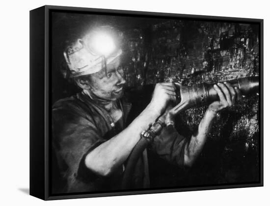Miner Using an Hydraulic Drill at the Coal-Face, at Cape Bank Hall Pit, Burnley, in Lancashire-Henry Grant-Framed Stretched Canvas