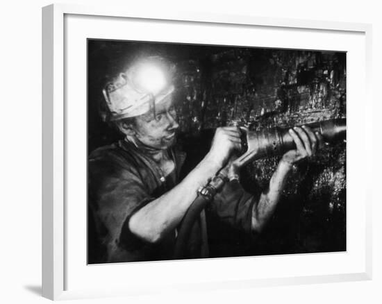 Miner Using an Hydraulic Drill at the Coal-Face, at Cape Bank Hall Pit, Burnley, in Lancashire-Henry Grant-Framed Photographic Print