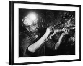 Miner Using an Hydraulic Drill at the Coal-Face, at Cape Bank Hall Pit, Burnley, in Lancashire-Henry Grant-Framed Photographic Print