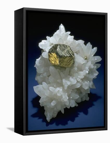 MineralCalendar: Pyrite on Quartz Crystals. Huanzala, Peru-null-Framed Stretched Canvas