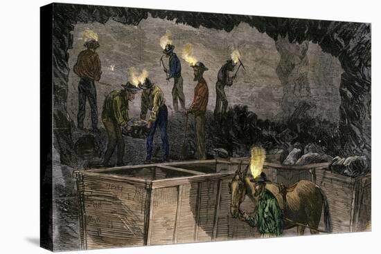 Miners Digging and Loading Coal Into an Underground Mule-Drawn Cart in Pennsylvania, c.1860-null-Stretched Canvas