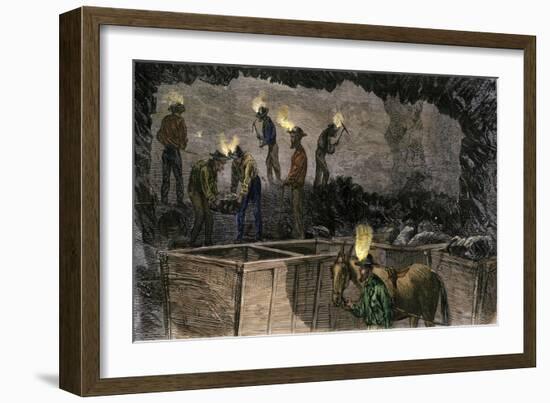 Miners Digging and Loading Coal Into an Underground Mule-Drawn Cart in Pennsylvania, c.1860-null-Framed Premium Giclee Print