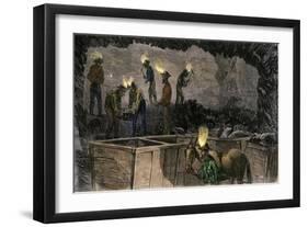 Miners Digging and Loading Coal Into an Underground Mule-Drawn Cart in Pennsylvania, c.1860-null-Framed Premium Giclee Print
