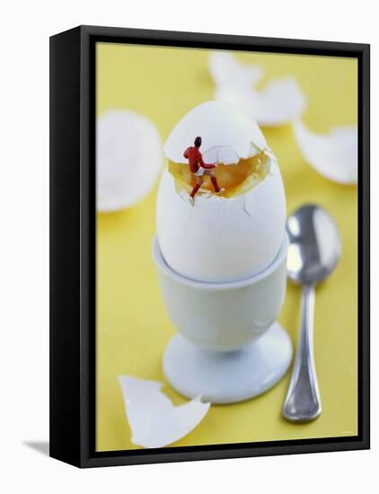 Miniature Footballer Taking the Lid off a Boiled Egg-Martina Schindler-Framed Stretched Canvas