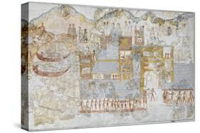 Miniature Fresco Depicting a Naval Fleet Leaving Dock, from the West House of Thera or Santorini-null-Stretched Canvas