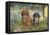 Miniature Long Haired Dachshunds Sitting in Bluebells-null-Framed Stretched Canvas