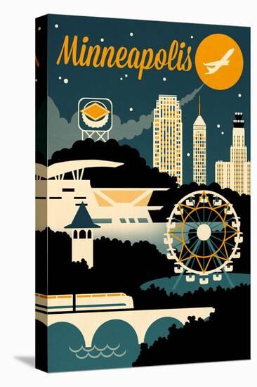 Minneapolis, Minnesota - Retro Skyline - Lantern Press Artwork-Lantern Press-Stretched Canvas