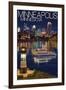 Minneapolis, Minnesota - Skyline at Night-Lantern Press-Framed Art Print