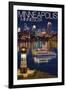 Minneapolis, Minnesota - Skyline at Night-Lantern Press-Framed Art Print